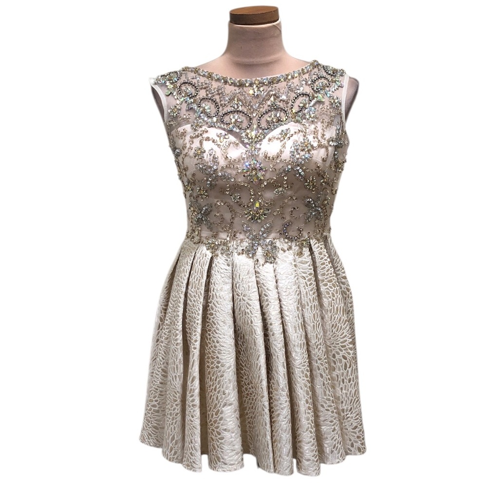 Dave & Johnny Prom Dress Size 1/2 Beige Gold Rhinestones